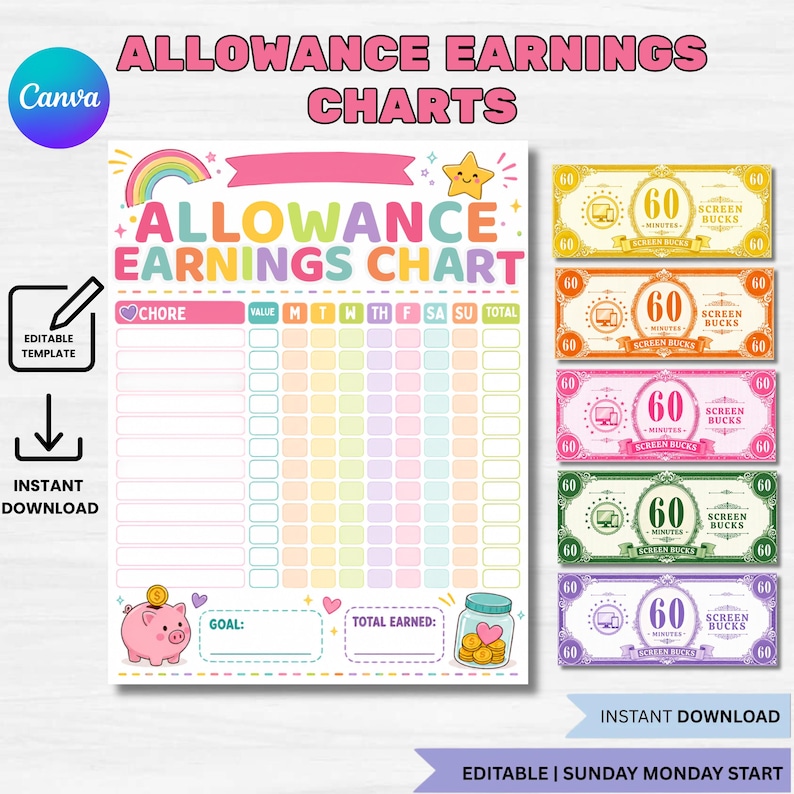 Earn Money Chart, Allowance Chart, Kids Allowance Tracker, Chore Chart ...