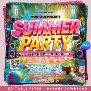 May include: A vibrant flyer for a summer party, featuring the text "SUMMER PARTY" in large, colorful letters. The flyer includes details like DJ names, free amenities, and the entry ticket price. The design incorporates tropical elements like a pool, beach balls, and a coconut drink.