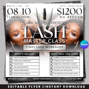 May include: A promotional flyer for a Lash Master Class, featuring two women with eye patches. The flyer includes the text "LASH MASTER CLASS" and details about the 2-day workshop, including what's included and what will be learned.