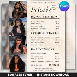 Puede incluir: Un folleto de lista de precios para un salón de belleza, con imágenes de mujeres con varios peinados. El folleto incluye servicios de corte de pelo, peinado, coloración y extensiones de cabello. El texto incluye el nombre del salón, redes sociales y sitio web.