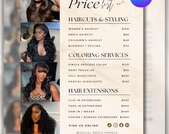 Editable Pricelist Template Flyer Special Deals Beauty Salon Pricelist Menu Flyer for Hair Wig Braids Extension Nail Lash Esthetician Luxury