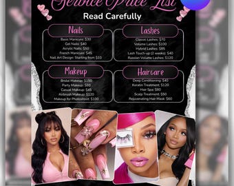 Beauty Preisliste Vorlage, Salon-Service-Menü für Lash Nail Hair Stylist, Zöpfe, Perücke, Make-up Printable Pricing Guide Bearbeitbare Canva