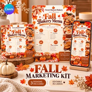 May include: A fall marketing kit featuring three editable bakery menu designs in Canva. The menus display text including Sweet Harvest Bakery, Fall Bakery Menu, and lists of cookies, cupcakes, cakes, and other goodies, decorated with autumn leaves.