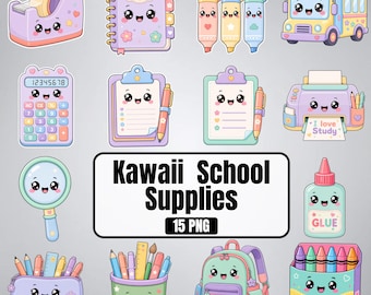 Niedliches Briefpapier Clipart, Kawaii Schulmaterial, Kawaii Briefpapier, Zurück zu Schule Clipart, PNG, Briefpapier, Schulzubehör, Canva Editierbar