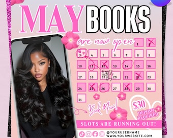 Mai Verfügbarkeitskalender Flyer, Sonderangebote zum Muttertag, Mai Bücher jetzt geöffnet, Buchung Social Media Template Hair Lash, Canva Editable