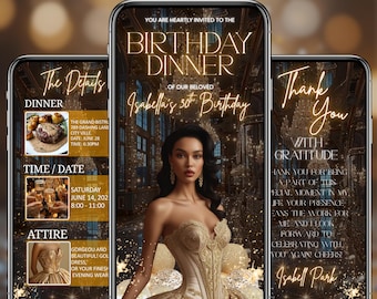 Luxus-Goldgeburtstag, Abendessen Evite, elegante Damen, digitale Einladung (Canva-Vorlage)