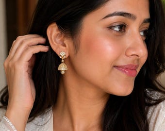Gold Mini Jhumka Earrings, Pearl Drop Earrings, Ethnic Wedding Jewelry, Traditional Festive Earrings, Gift for Women, Indian Stud Earrings