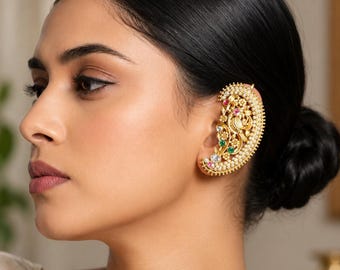 Pendientes de aro con forma de pavo real chapados en oro, joyería nupcial india, joyería de templo, pendientes llamativos, regalo de joyería tradicional para bodas