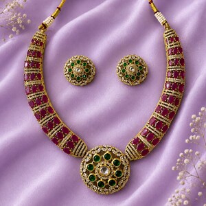 Traditional Ruby & Emerald Style Necklace Set, Indian Bridal Jewelry, Statement Necklace with Stud Earrings, Wedding Gift