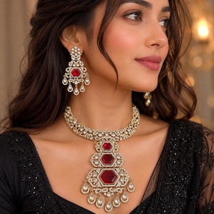 Ruby Red Kundan Style Necklace Set with Earrings | Indian Bridal Jewelry | Statement Choker | Wedding & Festive Jewelry Gift