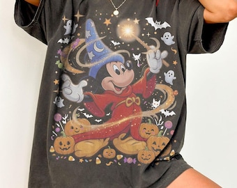 Retro Disney Mickey Sorcerer Halloween Shirt, Fantasia Wizard Mickey Spooky Season Tee, Mickey Not So Scary Party, Pumpkin Ghost Shirt