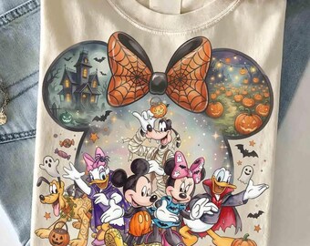 Watercolor Disney Mickey Friends Halloween Shirt, Pumpkin Spooky Season Family Matching Tee, Trick Or Treat, Mickey's Not So Scary Party Top