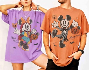 Comfort Colors® Mickey & Minnie Halloween Couple Shirt, Mickey Jack Skellington Shirt, Minnie Sally Skellington Shirt, Spooky Season Shirt