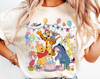 Camiseta personalizada de aniversário do Ursinho Pooh, camiseta infantil com nome e idade, Ursinho Pooh com amigos, presente de aniversário personalizado, viagem em família, roupa combinando