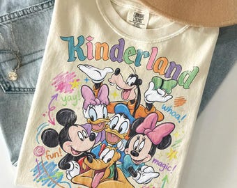 Comfort Colors Kinderland Shirt, Retro Disney Mickey and Friends Tee, Vintage Kindergarten Teacher Gift, Magical Back to School Tshirt