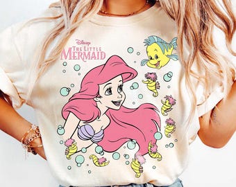 Camiseta vintage da Pequena Sereia, camiseta retrô da Princesa Ariel, camiseta fofa de desenho animado para viagem de meninas, camiseta combinando para férias em família, presente mágico para parque temático