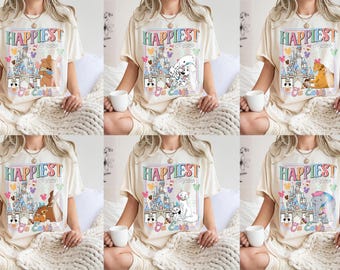 Camiseta retrô da Disney para mães, camiseta com o castelo da "Mãe Mais Feliz da Terra", personagens personalizados da Disney para mães, camiseta combinando para viagem em família à Disney, presente para a melhor mãe de todos os tempos