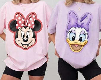 Camiseta Minnie e Margarida com estampa aquarela de rostos grandes, camiseta fofa das amigas da Disney, camiseta pastel para viagem à Disneylândia, presente para mulheres, camiseta combinando para férias