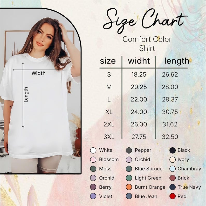 Puede incluir: Una camiseta blanca Comfort Color con una tabla de tallas. La tabla enumera tallas de S a 3XL, con anchos de 46,35 a 70,49 cm y largos de 67,62 a 82,55 cm. Las opciones de color incluyen blanco, negro y rojo.