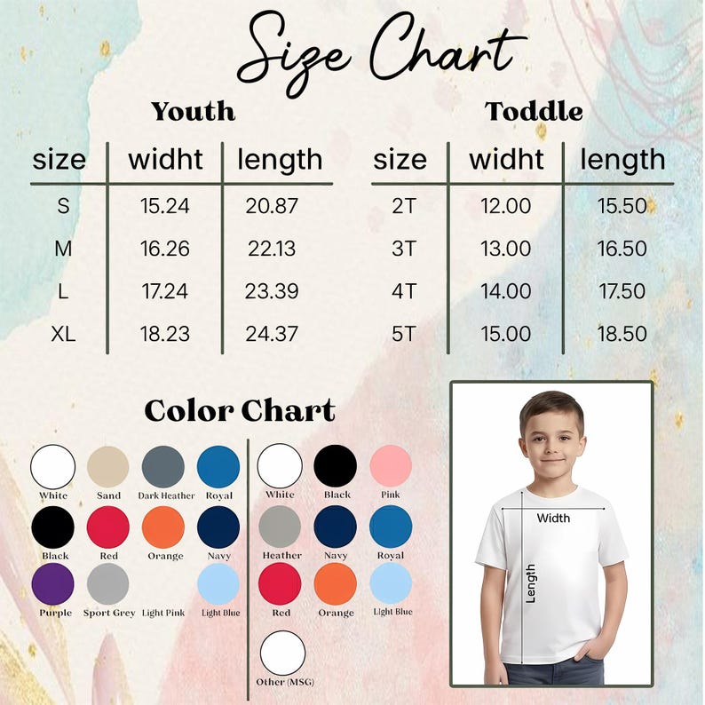 May include: A size chart for youth and toddler clothing, with measurements in inches. The chart includes sizes, widths, and lengths, along with a color chart featuring various colors like white, black, and pink. A child is shown wearing a t-shirt.