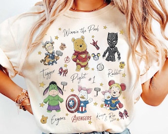 Camiseta vintage do Ursinho Pooh com os Vingadores, camiseta Pooh Marvel Mashup, camiseta Tigrão, Thor, Leitão, Capitão América e Homem de Ferro, presente divertido da Disney e Marvel