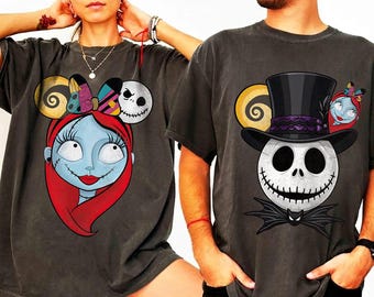 Retro Jack and Sally Couple Shirt, Nightmare Before Christmas Shirt, Comfort Colors Disney Halloween Tee, Matching Couple Halloween Gift