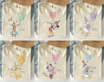 Custom Disney Mickey Friends Birthday Shirt, Watercolor Mickey Balloon Birthday Gift Tee, Disneyland Family Trip Personalized Birthday Shirt