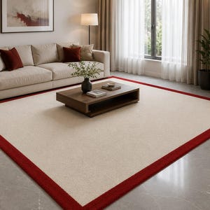 Ivory Red Border Area Rug, Minimalist Cream Carpet, Modern Living Room Decor