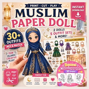 Può includere: Download digitale di un set di bambole di carta musulmane. La copertina presenta una bambola dei cartoni animati in un abito blu con dettagli dorati. Il set include 2 bambole, 5 set di abiti e pagine da colorare bonus.