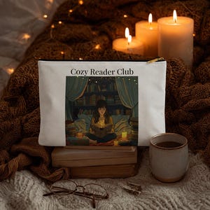 Könnte beinhalten: Weiße Reißverschlusstasche mit dem Text "Cozy Reader Club" und einer Illustration einer lesenden Person in einer gemütlichen Umgebung. Die Tasche liegt auf einem Stapel Bücher, mit einer Tasse Tee, einer Brille und Kerzen in der Nähe. Der Hintergrund umfasst eine braune Decke und Lichterketten.