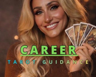 May include: Image features a woman holding tarot cards, with the words "CAREER TAROT GUIDANCE" in green and blue text. The image suggests a service offering career advice through tarot readings.