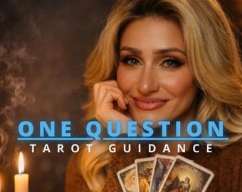 May include: A woman holding tarot cards, with text overlayed: "ONE QUESTION TAROT GUIDANCE". The image features a warm color palette, with lit candles in the foreground. The text "SAME DAY | SAME HOUR" is also visible.