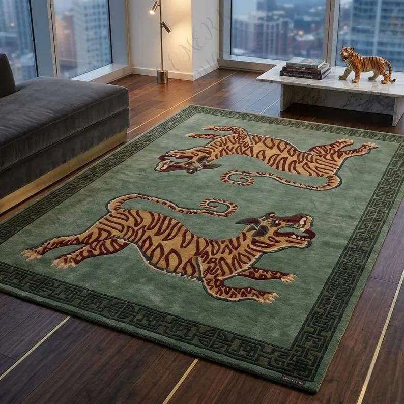 Hand Tufted Tiger Rug: Animal Motif Green Vintage Style Wool Carpet - Etsy