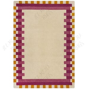 Hand Tufted pink Orange Border Rug: Modern Geometric Wool Rug