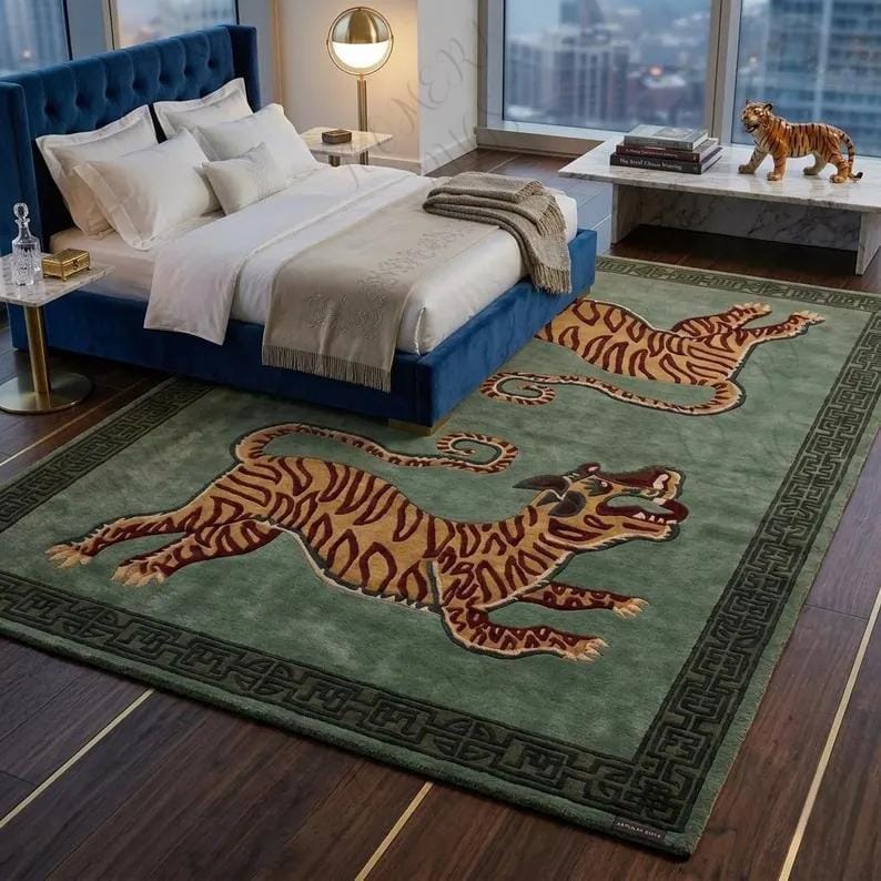 Hand Tufted Tiger Rug: Animal Motif Green Vintage Style Wool Carpet - Etsy