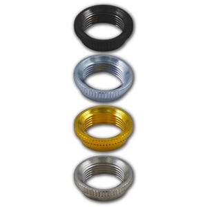May include: A vertical arrangement of four circular metal retaining rings. The top ring is matte black, the second is polished silver, the third is bright gold, and the bottom ring is a brushed nickel finish. Each ring features internal threading.