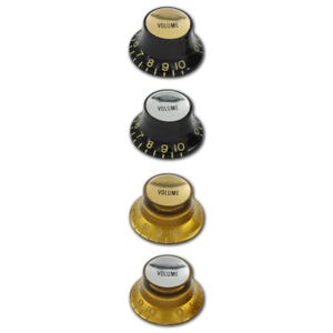 May include: Four guitar volume control knobs. Two are black with gold and silver tops, and two are gold with gold and silver tops. Each knob has a white "VOLUME" label and numbers from 0 to 10.