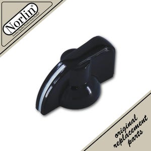 May include: A black plastic control knob with a smooth, glossy finish and a tapered pointer shape. The knob features a thin white indicator line along the top edge. The Norlin logo and the text original replacement parts are visible.