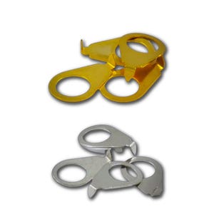May include: A collection of metal hardware components featuring a flat, circular ring attached to a tab with a small perpendicular prong. The set includes several pieces with a shiny gold finish and several pieces with a polished silver finish.