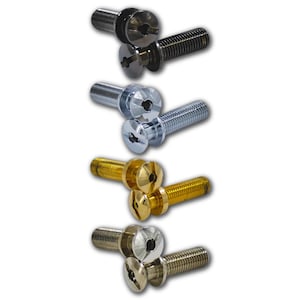 May include: An assortment of metal screws in various finishes: black, silver, gold, and bronze. Each screw features a slotted head and a threaded shaft. The screws are arranged in pairs, showcasing their design and color variations.
