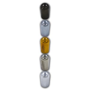 May include: A vertical arrangement of five cylindrical metal knobs, each featuring a textured diamond-patterned grip and a smooth, rounded top. The set includes one black, one gold, and three silver-toned knobs, all displaying a metallic finish.