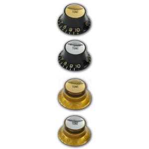 May include: Four bell-shaped guitar control knobs arranged vertically. Two are black with gold-colored tops and two are amber-colored with silver-colored tops. Each knob features the word TONE printed on the top and numerical markings from 0 to 10.