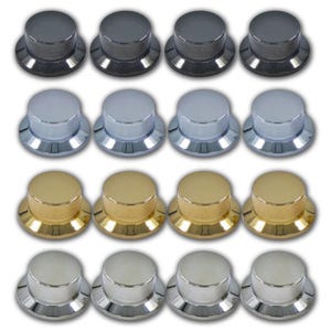 May include: An assortment of twelve metal knobs in four rows of three. The top row features dark gray knobs, the second row has silver knobs, the third row is gold, and the bottom row is a lighter silver color. Each knob has a textured grip.