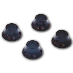 May include: Four black bell-shaped control knobs for musical instruments. Each knob features a smooth, glossy finish with red numerical markings ranging from zero to ten printed around the lower edge, designed for precise adjustment control.