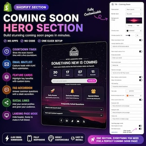 Shopify Coming Soon Landing Page Section, Countdown Timer, Email Waitlist (Liquid File)
