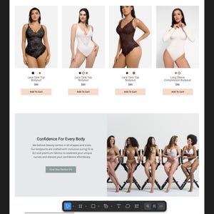 May include: A webpage featuring four different bodysuits: a black lace tank top, a white lace tank top, a dark brown lace tank top, and a white long sleeve compression bodysuit. The page also includes a section with the text "Confidence For Every Body."