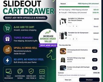Shopify Slideout Cart Drawer, AJAX Cart Upsells, Tiered Rewards (Liquid File)