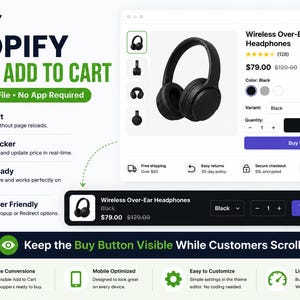 Op de afbeelding: Zwarte draadloze over-ear koptelefoon op een witte achtergrond. De productlijst bevat de tekst "Wireless Over-Ear Headphones" en een "Add to cart" knop. Het Shopify-logo en de tekst "Sticky Add to Cart" zijn ook zichtbaar.