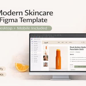 May include: A digital mockup of a modern skincare Figma template, showcasing a desktop and mobile interface. The design features an orange face balm stick with "Vitamin C" text, and orange slices. The template is for Shopify.