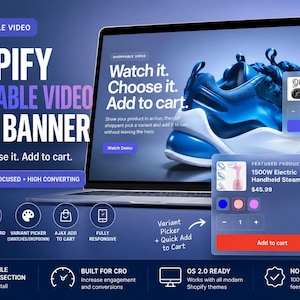 May include: A laptop screen shows a blue and white shoe graphic with the text "Watch it. Choose it. Add to cart." The image promotes a Shopify video hero banner, highlighting features such as animation and CRO focus.